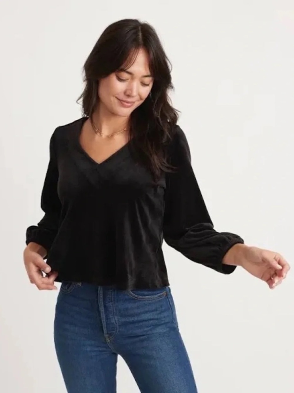 Marine Layer Jasmine Velour V-Neck Top Black Velvet Size Small - Picture 10 of 10